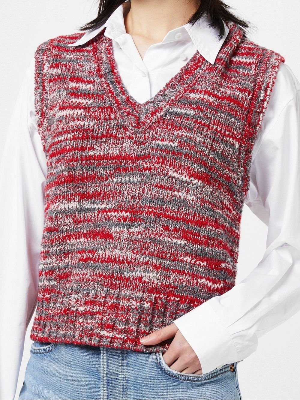 RE/DONE Red and Grey 60s Sweater Vest, sleeveless V-Neck, Retro, Size small